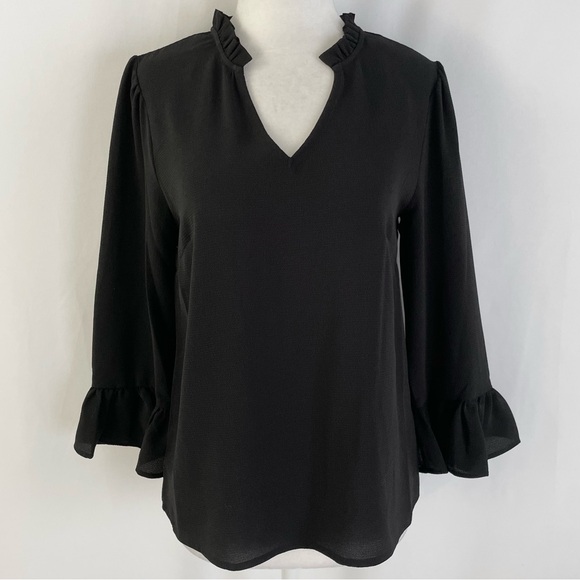 New CeCe Ruffle Cuff 3/4 Sleeve V-Neck Crepe Blouse Rich Black Size XS - Picture 4 of 16